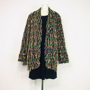 Car Pool Couture Funky Retro Black/Colorful Fringe Stripe Open-Front Blazer Larg